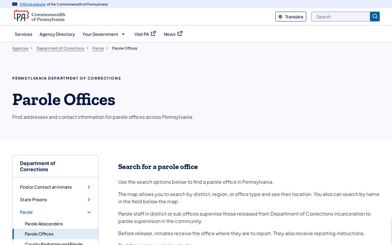 Pennsylvania Department of Corrections parole office directory