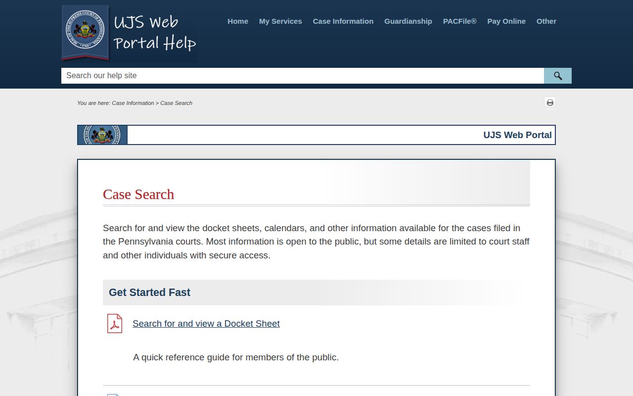 Pennsylvania UJS case search help for sentence and disposition records