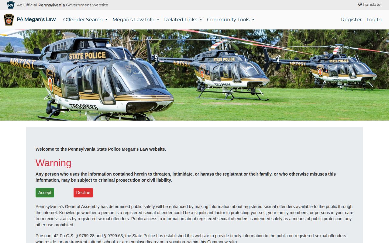 Pennsylvania State Police Megan's Law registry search for qualifying registrant photos